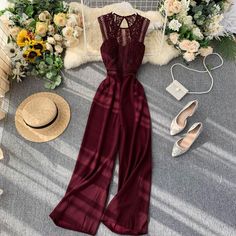 Elegant High Waist Hip Wide Leg Patchwork Lace Hollow Out Sleeveless Jumpsuit | Uniqistic.com Trendy Bodysuits, Elegant Rompers, Slim Jumpsuit, High Waisted Wide Leg Pants, Stylish Jumpsuit, High Waist Wide Leg Pants, Designer Jumpsuits, Jumpsuit Elegant, Lace Jumpsuit