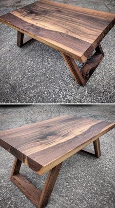 two different views of a wooden table on concrete