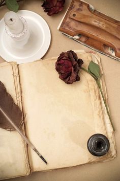 an old book with a feather quill and rose on it next to other items