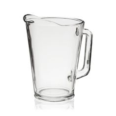 a clear glass pitcher is shown on a white background