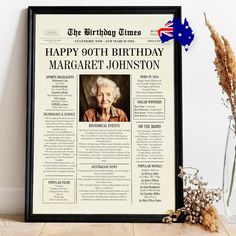 an old newspaper with the words happy 90th birthday to margaret johnston