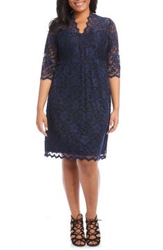 The unabashed romance of black lace is beautifully illustrated in a V-neck dress that flatters with an Empire-waist and a sheer-illusion yoke and sleeves. 42 1/2" length (size 2X) Slips on over head V-neck Three-quarter sleeves Partially lined 60% nylon, 32% rayon, 8% spandex Hand wash cold, dry flat Made in the USA Encore Stretch Lace Dress, Scalloped Lace Dress, Lace Dress With Sleeves, Lace Shift Dress, Karen Kane, Midi Cocktail Dress, Trendy Plus Size Clothing, Lace Midi, Cocktail Dress Lace