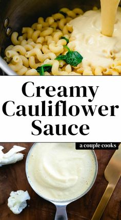 creamy cauliflower sauce in a skillet with the words, creamy cauliflower sauce