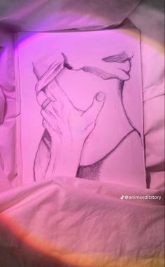 a drawing of a person holding their head in front of a rainbow colored light behind them