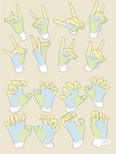 an image of hand gestures drawn in blue and green colors on a light beige background