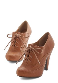 Flying First-Sass Heel in Cognac | Mod Retro Vintage Heels | ModCloth.com Heels High Classy, High Heels Classy, Brown Pumps, Tan Booties, Booties Shoes, Heels High, Heels Classy, Oxford Heels, Menswear Inspired