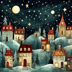 a painting of houses in the snow at night with stars and moon on the sky