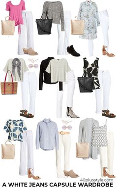 White Jeans Capsule Wardrobe, Spring Over 50 Outfits, White Jeans Outfit Summer Work, White Pant Outfits For Women, White Jeans Casual Outfit, What To Wear With White Jeans, How To Style White Jeans, White Jean Outfits, Jeans For Women Over 40