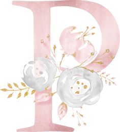 the letter d is decorated with pink flowers and gold leaves on a white background, as if it were painted in watercolor