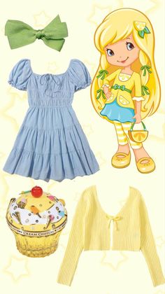 the paper doll is wearing a blue dress and yellow shoes with a green bow tie