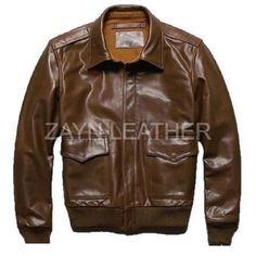 Men's US A2 Flight Bomber Genuine Leather Jacket 100% Real Lambskin Biker Jacket Fall Leather Aviator Biker Jacket, Leather Biker Jacket For Fall, Brown Aviator Biker Jacket For Fall, Brown Aviator Leather Jacket With Pockets, Brown Leather Aviator Biker Jacket, Classic Brown Aviator Style Outerwear, Classic Brown Aviator Outerwear, Classic Aviator Leather Jacket With Padded Collar, Classic Aviator-style Outerwear For Fall