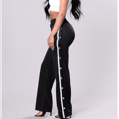 Track Pants That Have Snap Buttons On The Side. No Damages/Stains! Never Worn! Black High-waist Wide Leg Pants For Day Out, High Waist Black Pants For Day Out, Black High Waist Pants For Day Out, Black Trousers For A Day Out, Stretch Wide Leg Black Pants For Day Out, Stretch Black Wide Leg Pants For Day Out, Black Fitted Pants For Day Out, Fitted Black Pants For Day Out, Black Wide Leg Pants For Day Out