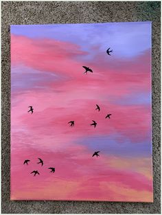 a painting with birds flying in the sky on it's pink and blue background