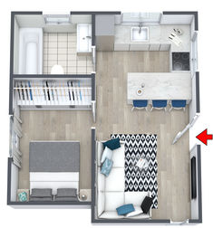 A grey and blue 3D floor plan with one bedroom, and an L-shaped kitchen. Tiny Home Floor Plan, Small Apartment Building Design, Small Apartment Building, Shaped Kitchen, Spa Like Bathroom, U Shaped Kitchen