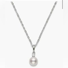 Mikimoto Diamond And Pearl Necklace. 18" Length Pearl Size: 66.5mm Total Diamond Weight: 0.03ct. Color: Fg Clarity: Vs 18k Gold/Akoya Pearl/Diamond I Do Not Have The Box It Came With. This Piece Has The Mikimoto Mark On Both Pieces Of The Necklace (The Clasp And On The Pearl Holder) Diamond And Pearl Necklace, Mikimoto Jewelry, Akoya Pearls, Pearl Pendant Necklace, Pearl Diamond, The Pearl, Pearl Size, Pearl Pendant, Womens Jewelry Necklace