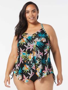 Flattering and fun, the Beach House Swim Plus Size Kerry Mesh Layer Underwire Tankini Top is the perfect addition to your swimwear collection. A gathered ruffled tier, mesh overlay and sharkbite hem are trendy accents to a classic tankini silhouette. A vibrant, tropical, floral print adorns the bodice and is figure-flattering and fashionable. This tankini top is designed with a contemporary v-neckline with underwire and adjustable straps for a supportive and comfortable fit. Beach House swimwear Cups Shelf, Underwire Tankini Tops, Underwire Tankini, Swimsuit Fabric, The Beach House, Breathe Easy, Mesh Overlay, Swim Fashion, Baby Bump