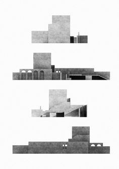 three black and white images of buildings