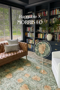 a living room filled with furniture and bookshelves next to a book shelf full of books