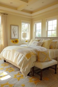 a bedroom with sunflowers on the bed and white furniture in front of large windows