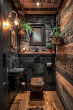 a rustic bathroom with wood paneling, stone walls and a wooden toilet in the corner