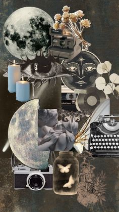 a collage of photos with an old typewriter, moon, and other items