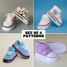 four crocheted shoes are shown with the words set of 4 patterns below them