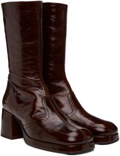 Handcrafted mid-calf crinkled patent calfskin boots in burgundy. · Square toe · Elasticized gusset at collar · Zip closure at inner side · Memory foam insole · Covered block heel with rubber injection · Leather sole with rubber injection · Heel: H2.5 in Supplier color: Brown patent Everyday Boots For Women, Block Heel Boots Outfit, Chunky Brown Boots, Brown Square Toe Boots, Office Boots, 70s Boots, Brown Mid Calf Boots, 90s Boots, Nyc Clothes