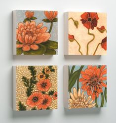 four square paintings with flowers painted on them