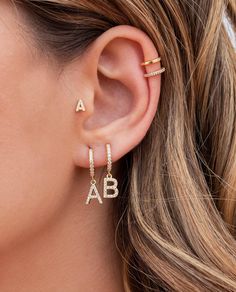 Dainty Cubic Zirconia Gold Initial Earrings Set. Stunning and personalized initial earrings. Material: 18K Gold Plated over Stainless Steel. Finished with anti-tarnish processing (allergic skin safe + nickel and lead-free). Does not tarnish. Letter Earrings, Initial Earrings, Long Tassel Earrings, Sterling Silver Initial, English Letter, Cz Stud Earrings, Huggie Hoop Earrings, Girls Earrings, Minimalist Earrings