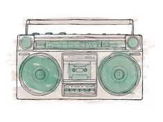 a drawing of an old fashioned radio with speakers on the front and side, in green ink