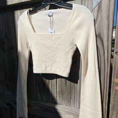 Garage Cropped Bell Sleeve Top With Square Neck Size Extra Small Trendy White Crop Top For Fall, Fitted White Knit Top For Spring, White Fitted Knit Top For Spring, White Stretch Crop Top For Fall, Stretchy Off-white Top For Fall, Stretch Off White Top For Fall, Off White Stretch Top For Fall, Fitted White Casual Top, Trendy Fitted White Top