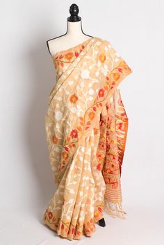 Floral Pattern Blended Cotton Soft Jamdani Saree in Brown | Jamdani Saree Shipped from USA | Bengal Looms by BengalLooms on Etsy Jamdani Fabric, Off White Blouse, Yellow Saree, Jamdani Saree, Indian Textiles, Usa Dresses, Yellow Mustard, Indian Sarees, White Blouse