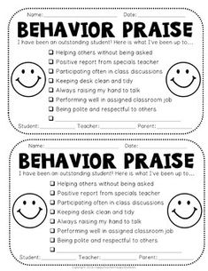 two behavior cards with the words behavior praise and behavior phrases in black ink on white paper