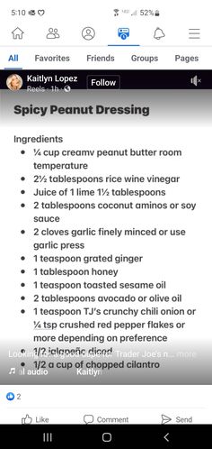 an iphone screen showing the menu for spaunt dressing, including ingredients and instructions to make it