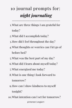 10 journal prompts for a night time routine. Journaling before bed can reduce stress and bring peace of mind. Let these prompts help you reflect, relax, and gain clarity before a restful night’s sleep. ✨ Manifestation Journal Prompts Night, Journaling Before Bed, Journal Prompts For Night Time, Daily Journal Prompts Night Time, Journal Prompts Before Bed, Nightly Journal Prompts, Night Time Journaling, Night Time Journal Prompts, Nighttime Journal Prompts