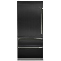 a black refrigerator freezer sitting next to a white wall with two stainless steel handles