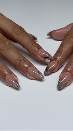 All Season Nail Designs, Fall Nails Pattern, Almond Nail Inspo 2024 Fall, Almond Nails With Rhinestones Simple, Natural Looking Almond Nails, Pearl Marble Nails, Gelx Apres Nail Designs Fall, Neutral Nails Acrylic Almond, Textured Acrylic Nails