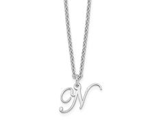 Rhodium over sterling silver polished finish letter "N" initial necklace with 18-inch long cable chain and lobster claw clasp. Pendant measures approximately 7/16"L x 3/8"W. N Necklace Letter, N Initial Necklace, N Necklace, N Initial, Fall Wishlist, Letter N, Initial Necklace, Christmas List, Cute Jewelry