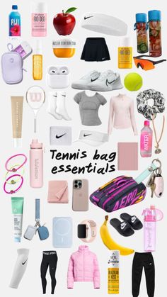 the tennis bag essentials are arranged in a collage, including shoes and other items