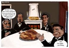 three men sitting at a table with a turkey in front of them, and one man pointing to the turkey