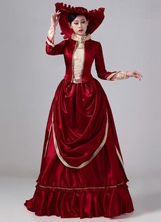 Women 19th Century Red Lace Victorian Bustle Dress Color: Red   Material: This dress made of High Quality Satin, soft,smooth and comfortable to wear  Sleeve Length:  Long Sleeve  Dresses Length:Floor Length  Neckline:  Square Collar  Decoration: Ruffles + Lace  Package Includes:  Dress + Hat   The length of skirt about 45 inches (114 cm) long from waist to hem regardless of size. This dress is pictured with a 6-hoop skirt Petticoat underneath to achieve the look. Petticoat are NOT INCLUDED Red Fitted Dress For Banquet, Fitted Red Dress For Banquet, Red Christmas Dress For Banquet, Red Christmas Banquet Dress, Red Winter Dresses For Costume Party, Red Winter Costume Party Dresses, Red Dresses For Winter Costume Party, Fitted Burgundy Dress For Christmas, Luxury Solid Color Full-length Gown