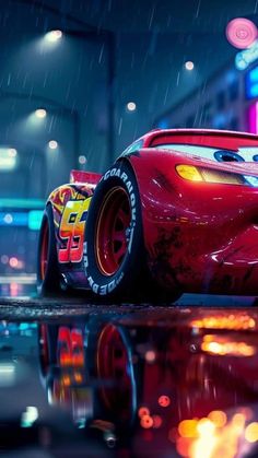 the character cars from disney pixars is driving through the rain