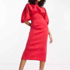 Dresses By Asos Design The Kind Of Dress That Deserves Attention High Neck Puff Sleeves Zip-Back Fastening Kick Split Slim Fit Elegant Red Knee-length Puff Sleeve Dress, Red Puff Sleeve Knee-length Party Dress, Red Long Sleeve Fitted Puff Sleeve Dress, Chic Red Puff Sleeve Midi Dress, Chic Red Midi Dress With Puff Sleeves, Red Fitted Puff Sleeve Dress For Formal Occasions, Chic Red Knee-length Puff Sleeve Dress, Chic Red Puff Sleeve Dress For Formal Occasions, Chic Red Puff Sleeve Dress For Evening