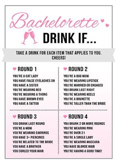 the bachelor party game for bachelors is shown in pink and white, with instructions to drink