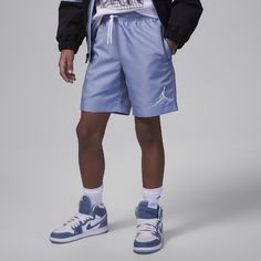 Kids can get in the game with these shorts, made of lightweight breathable woven poly twill. The stretch waistband with drawcord helps them get a fit that feels just right and pockets provide spots to stash small items. Weaving For Kids, Kids Shorts, Grey Fashion, Blue Grey, Nike, Grey, Blue