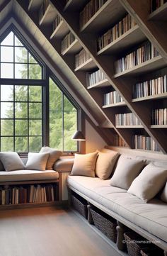 a living room filled with lots of furniture and bookshelves next to a window