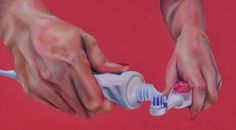 a painting of two hands holding a baby bottle and toothpaste in front of a red background