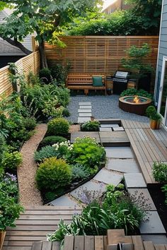 an outdoor garden with wooden benches and plants in the foreground, surrounded by wood slats