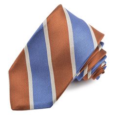 Cognac, French Blue, and Latte Faille Mounted Bar Stripe Woven Jacquard Silk Tie by Dion Neckwear French Blue, Silk Ties, Pure Silk, Cognac, 1 2 3, Quality Fabric, Hand Crafted, Sense, Pure Products