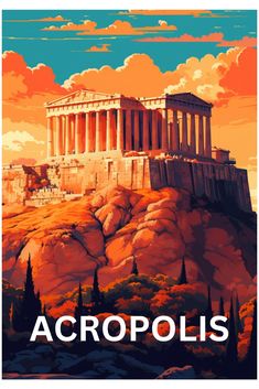 an old poster with the words acropolis on it's front and side